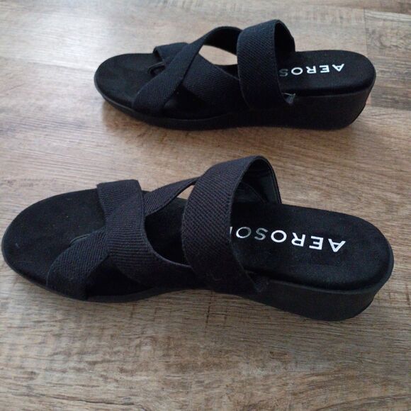 Aerosoles black Ilona Women's Wedge Strappy Cushioned Footbed Sandal 9 Worn Once - Picture 4 of 9